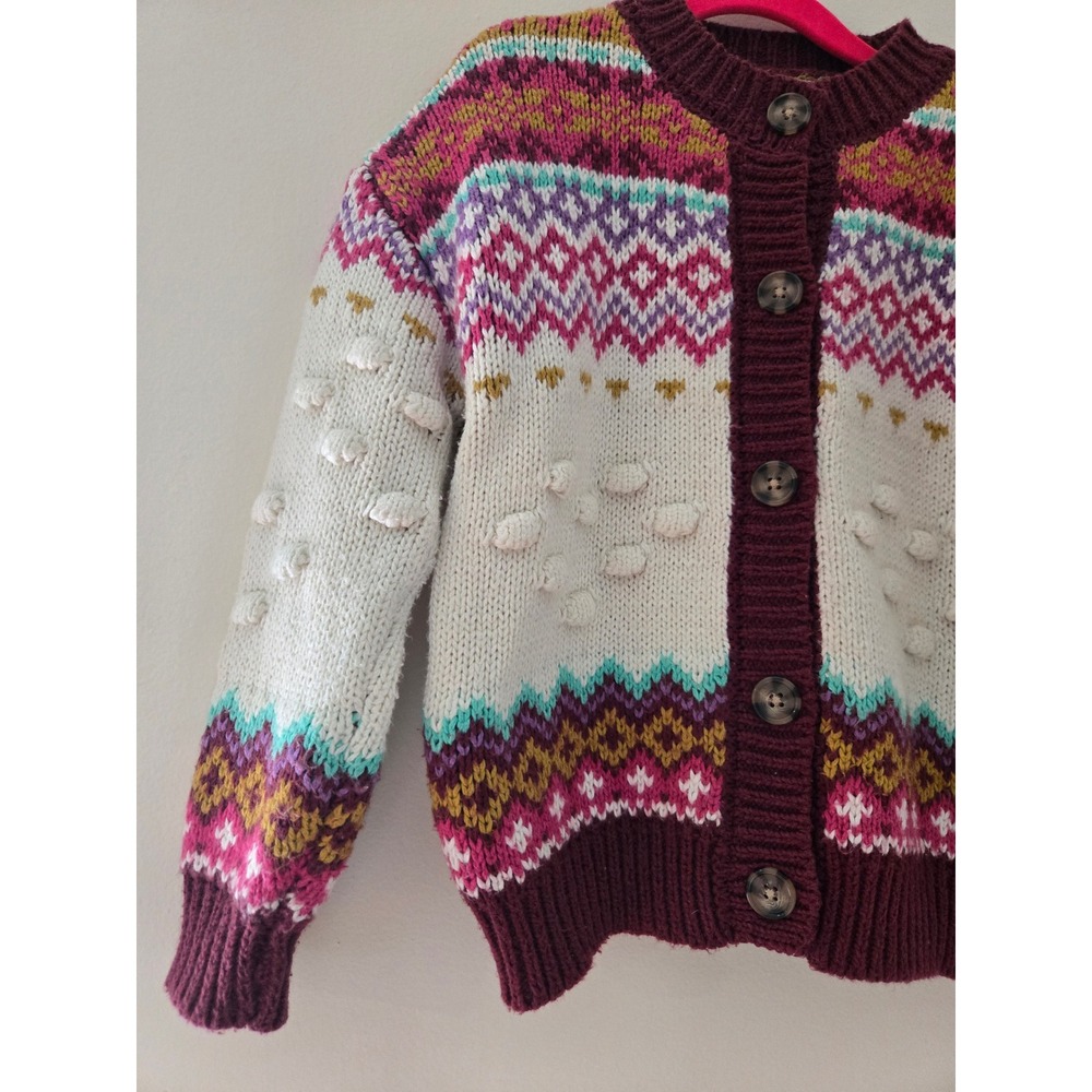 Next Kids Fair Isle Bobble Knit Cardigan Burgundy Pink Button Front Sweater - Picture 4 of 5